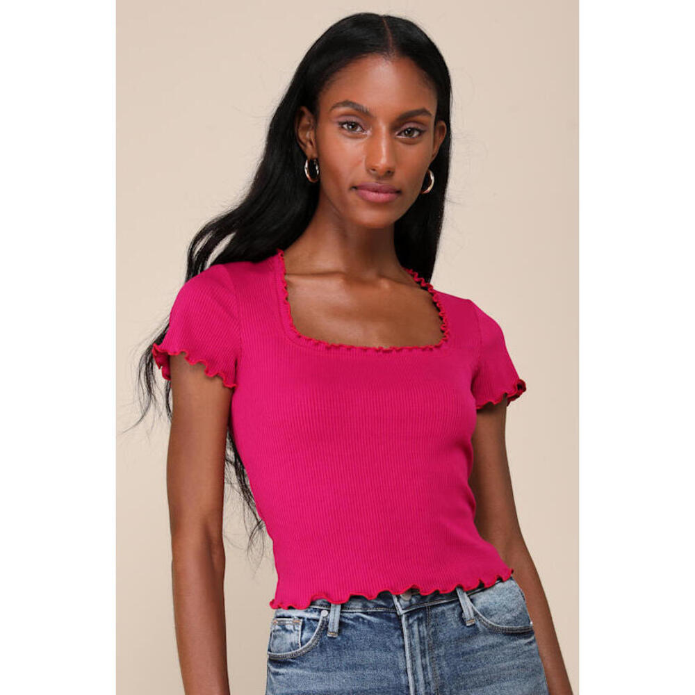 Lulus Bold Darling Magenta Ribbed Lettuce Edge Short Sleeve Top Pink - Size M
